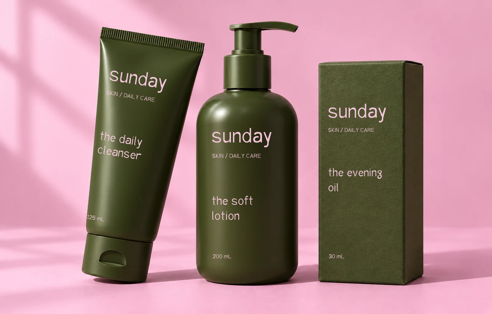 sunday: fictional skincare packaging set in Signurio Sans
